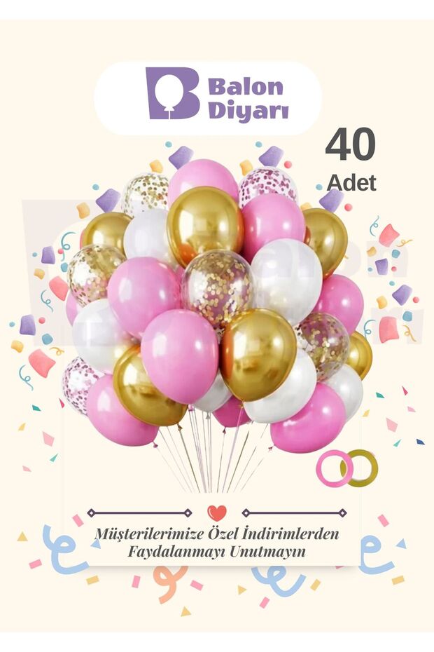 40 Pieces Pink-White Chrome Gold - Quality Balloon Set with Transparent Confetti