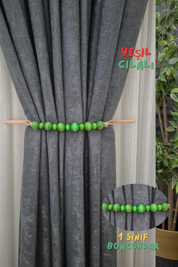 Green Color Polished Wooden Bohemian Style Curtain Holder Tie, Background Curtain Holder Ornament (1 Piece)