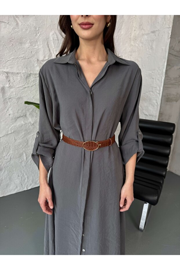 Antrasit Yumoş Dokulu Kemerli Gömlek Elbise - 2