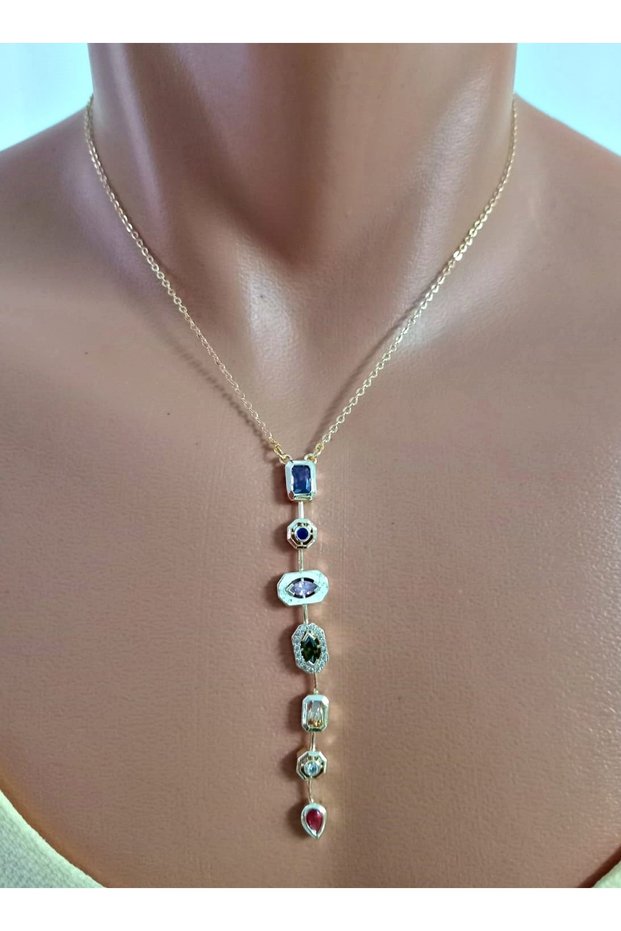 Gold Colored Stone Steel Y Necklace