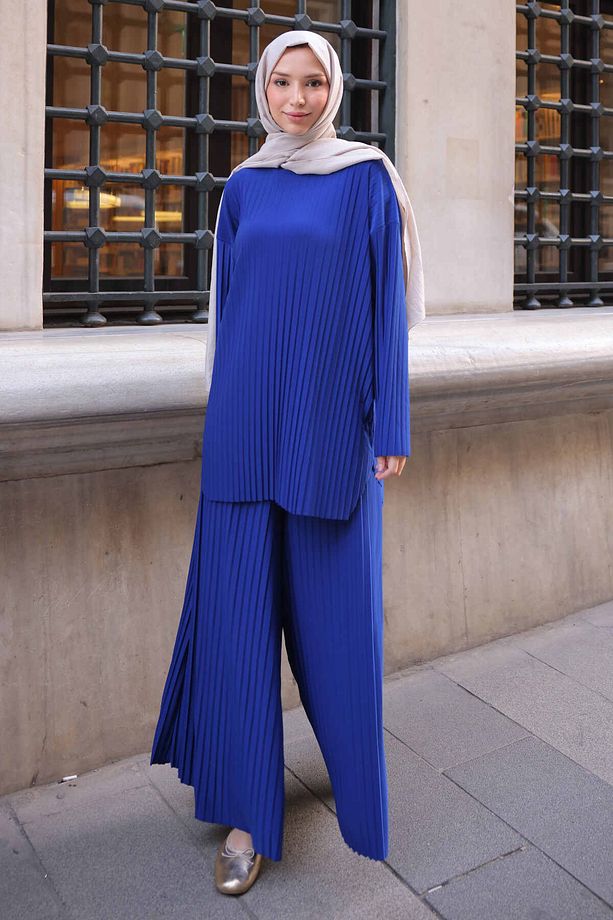 Saks Mavi Piliseli Sandy Tunik Pantolon Takım - 3