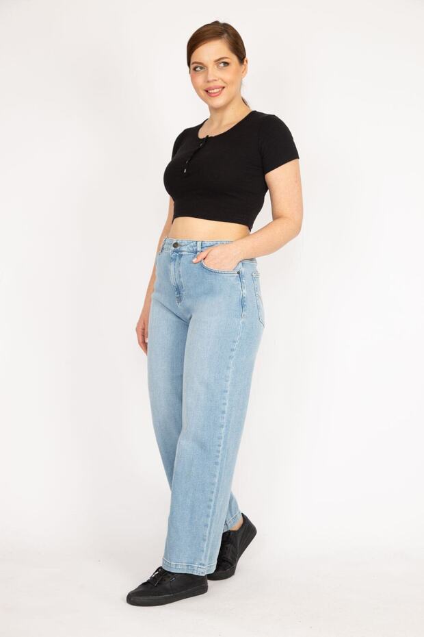 Women's Blue Large Size 5 Pockets Lycra Free Jeans 65n36035