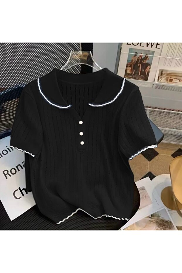 Bebe Yaka İşlemeli Basic Triko Kadın T-Shirt - 1