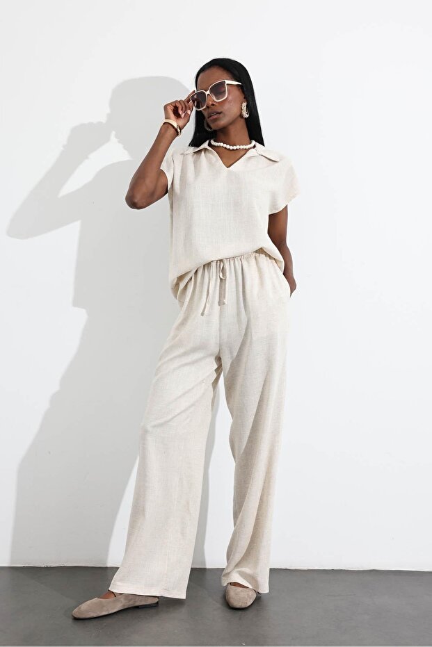 Natural Shirt Collar Blouse Pants Set