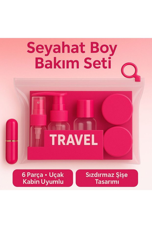 6 Piece Colorful Travel Grooming and Cosmetic Set, Airplane Cabin Compatible, Perfume Bottle
