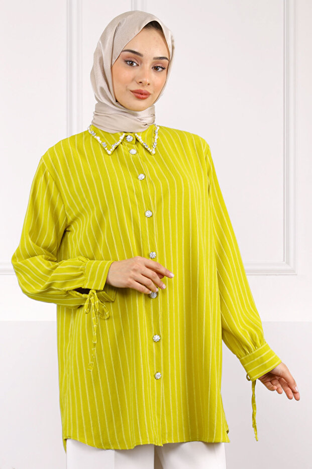 Oil Green Sleeve Lace Collar Stone Linda Tunic