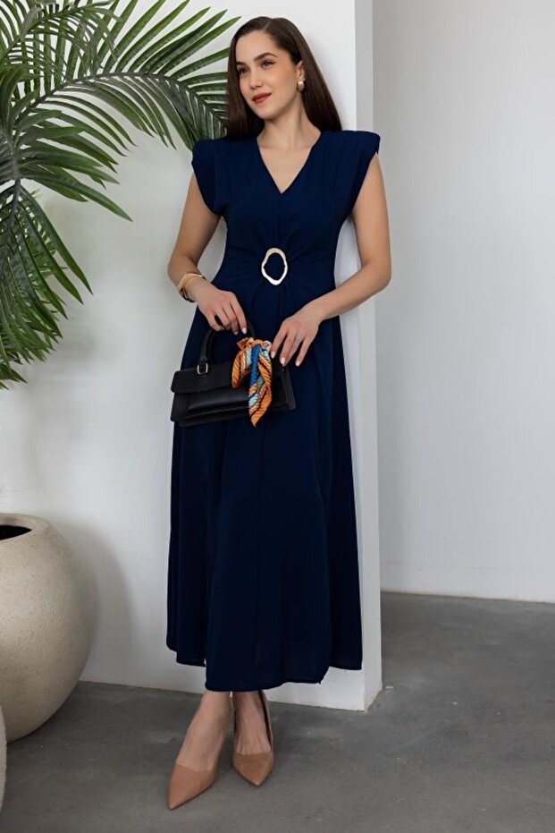 V Yaka Yırtmaçlı Elbise - 1