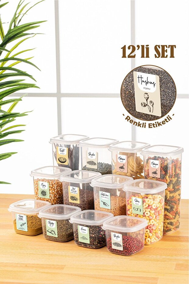 12-Piece Peggy Square Food Storage Container with Colorful Label 4x (0.55 Liters, 1.2 Liters, 1.75 Liters) White