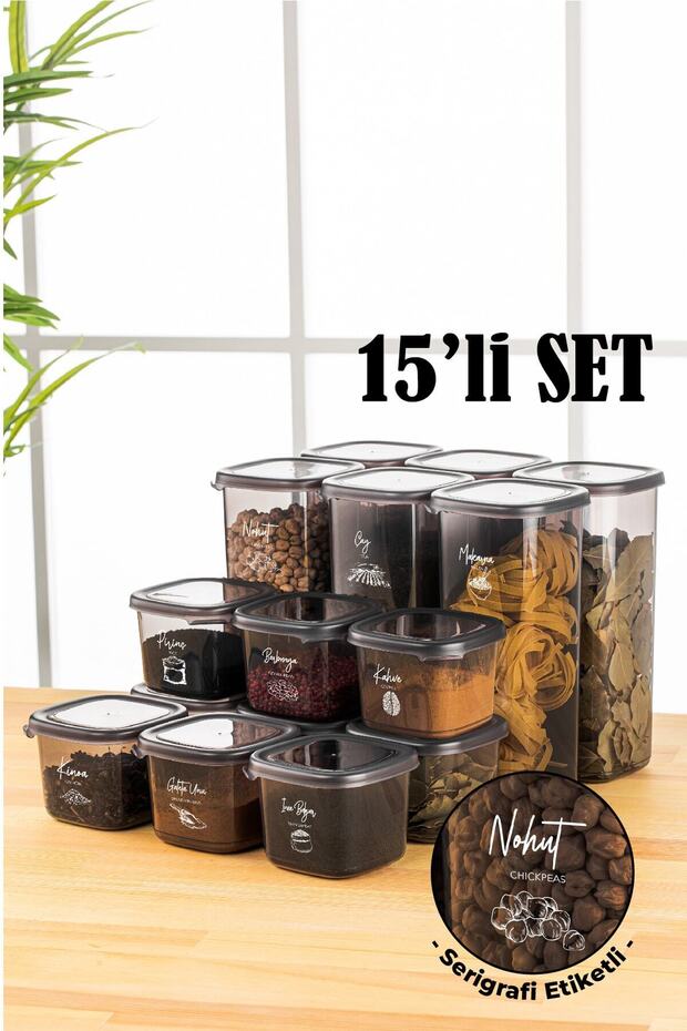 15-Piece Peggy Square Food Storage Container with White Screen Printing Label 9x(0.55 LITERS) - 6x(1.75 LITERS) Anthracite