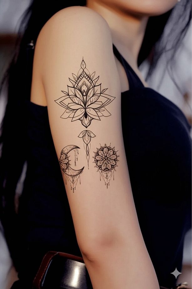 Gerçek Dövme Görünümlü Lotus Ve Ay Modelli 3 Boyutlu Tattoo - 1