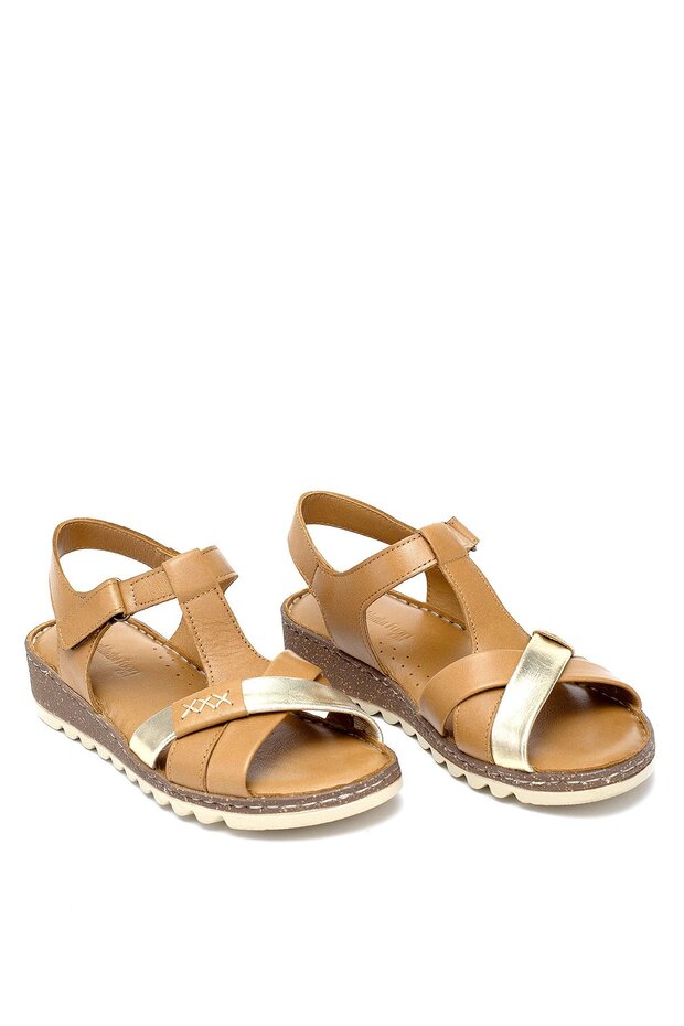 Women's Orthopedic Flat Sandals Tan - Elit Rhm207 Back Support Leather