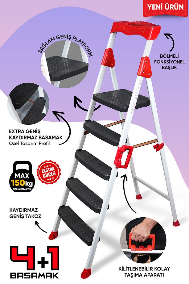 Elegance 4 1 Geniş Basamaklı Kolay Taşıma Aparatlı Merdiven - 1