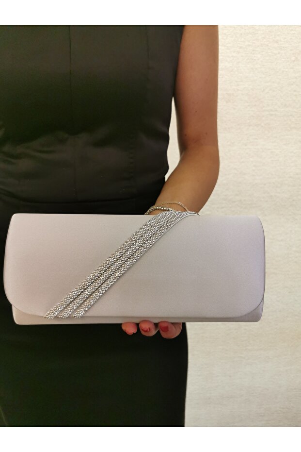 Beegi̇ Women's Stone Silver Evening Dress Clutch Night Chain Wedding Bag
