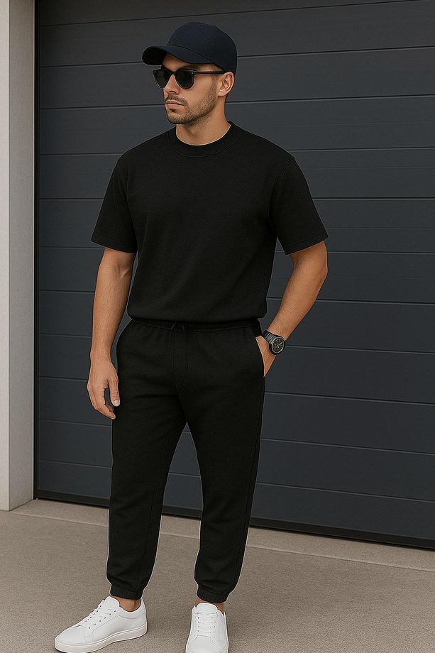 Regular Kalıp 2'li Set Relax Comfort Fit Şardonsuz Tshirt Jogger Eşofman Takımı - 1