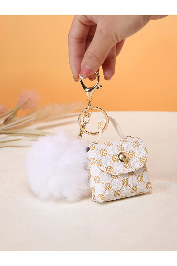 Vintage Patterned Mini Bag Figured Bag Charm, Keychain, Bag Accessory with Pompom Detail - 1