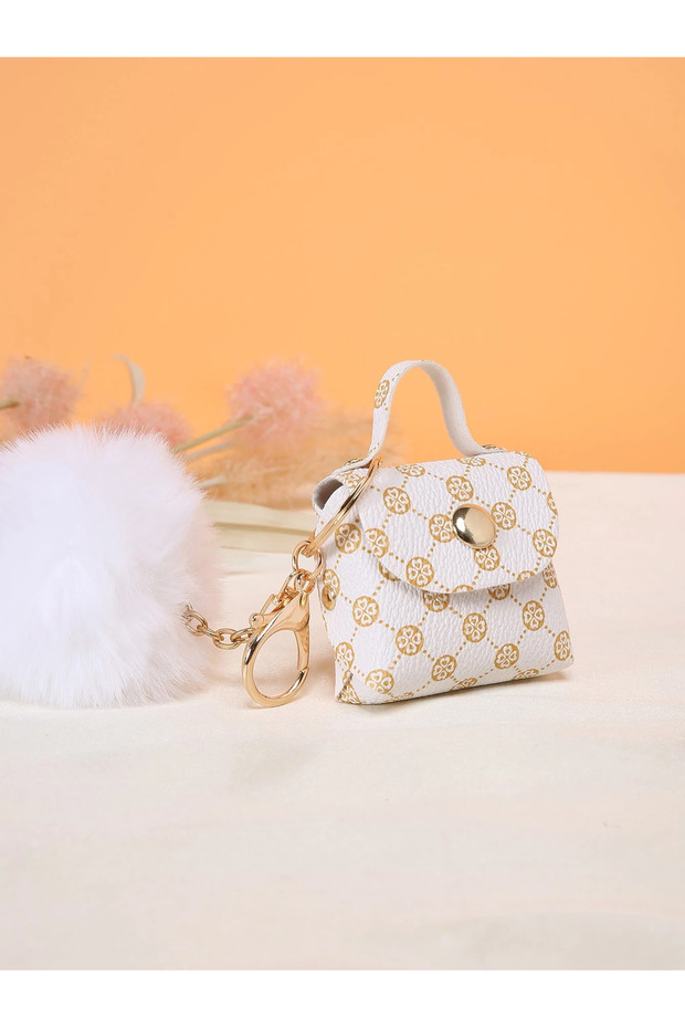 Vintage Patterned Mini Bag Figured Bag Charm, Keychain, Bag Accessory with Pompom Detail - 2