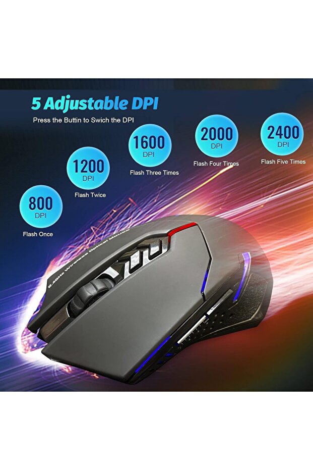 Wireless Gaming Mouse with Unique Silent Click, Ergonomic Grips, 5 Adjustable DPI Values, - 2