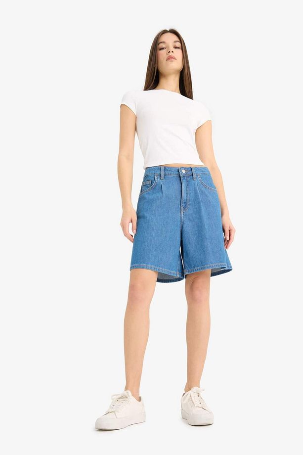 Yüksek Bel Düz Paça Yumuşak Jean Bermuda E0961AX25SM - 2