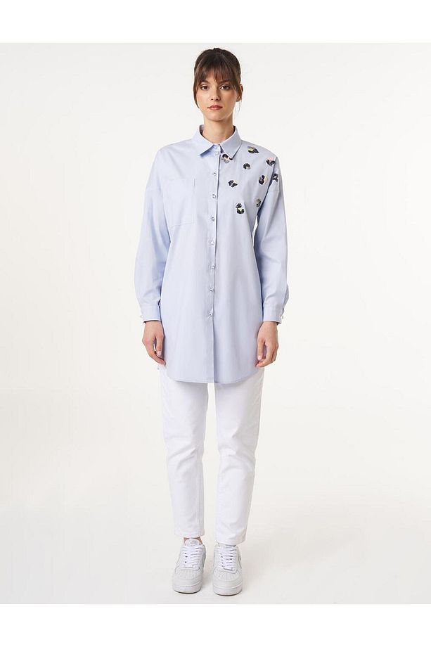 Pul Payet İşlemeli Poplin Tunik Limoni - 3