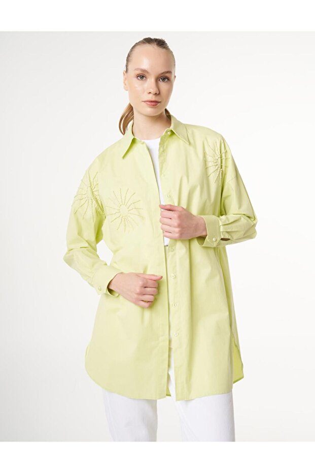 Boncuk İşlemeli Poplin Tunik Lime - 6