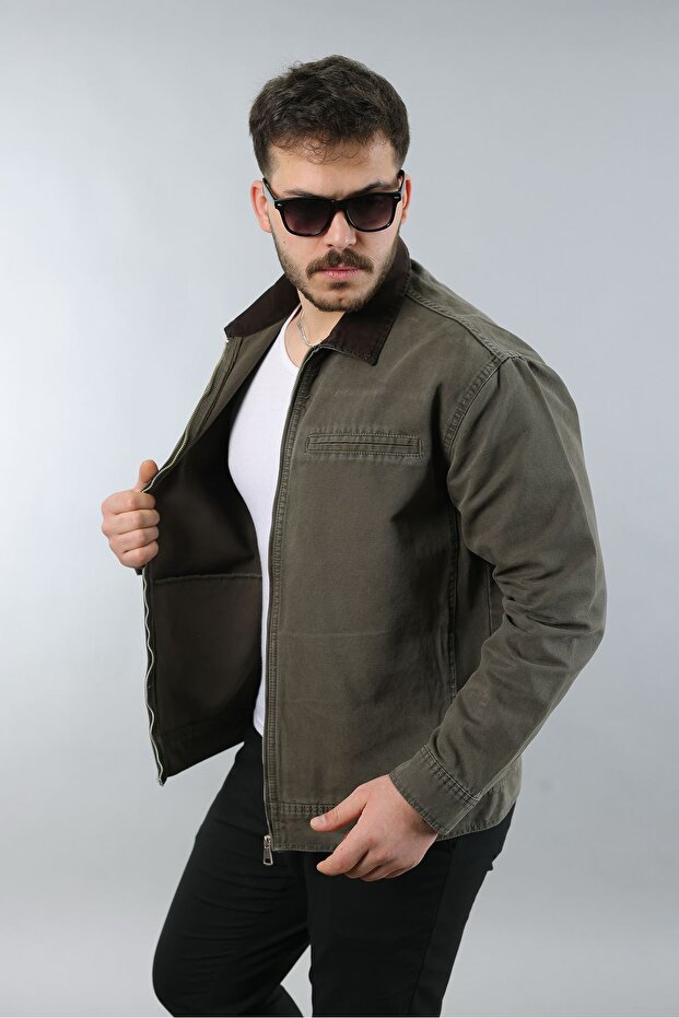 LTC Jeans Erkek Regular Fit Yaka Garni Fermuarlı Haki Kot Ceket