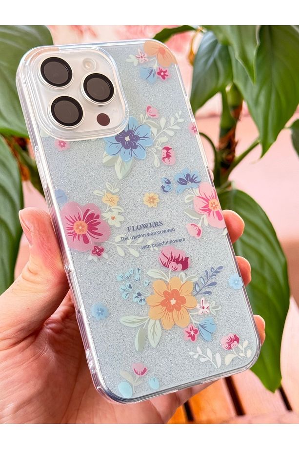 Apple iPhone 14 Pro Max Uyumlu Kılıf Mavi Simli Çiçek Desenli Renkli Parlak Darbe Emici Kapak - 6