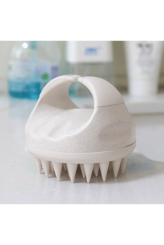 Beige 1 piece Scalp Brush Massager Sculp Scrubber Brush Wheat Straw Biodegradable Silicone Shampoo B