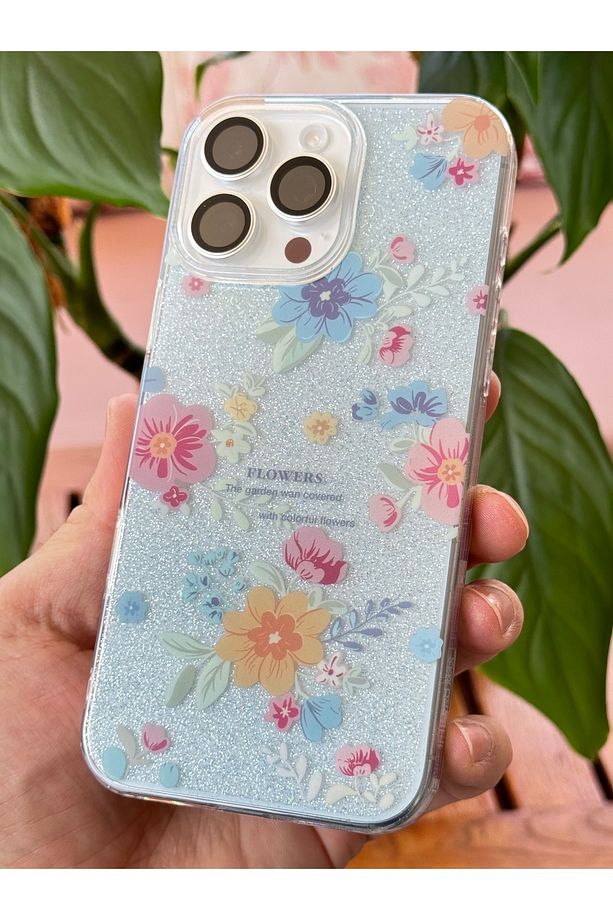 Apple iPhone 14 Pro Max Uyumlu Kılıf Mavi Simli Çiçek Desenli Renkli Parlak Darbe Emici Kapak - 4