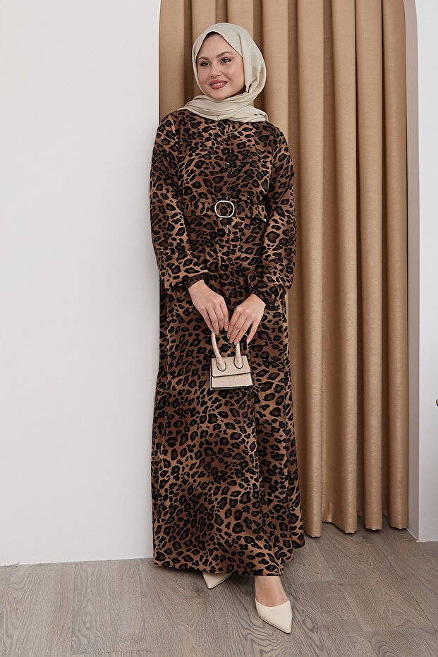 فستان فيسكوز بني بنقشة الفهد - 6