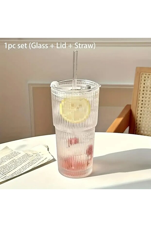 600ml 1Set 600ml Stripe Glass Cup with Lid and Straw Transparent Drinking Glasses for Juice Water an