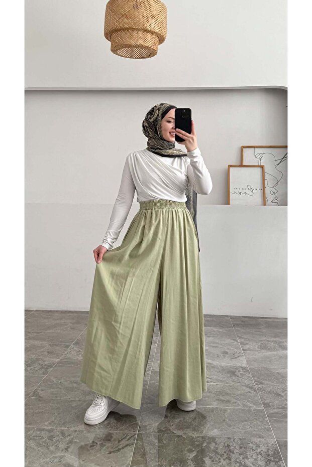 Wide Leg Modal Skirt Trousers with Elastic Waist - Water Green