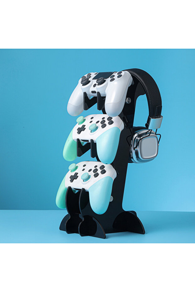حامل ثلاثي الطبقات لسماعات الرأس/وحدة تحكم PS5/PS4/Xbox/Switch العالمية باللون الأسود