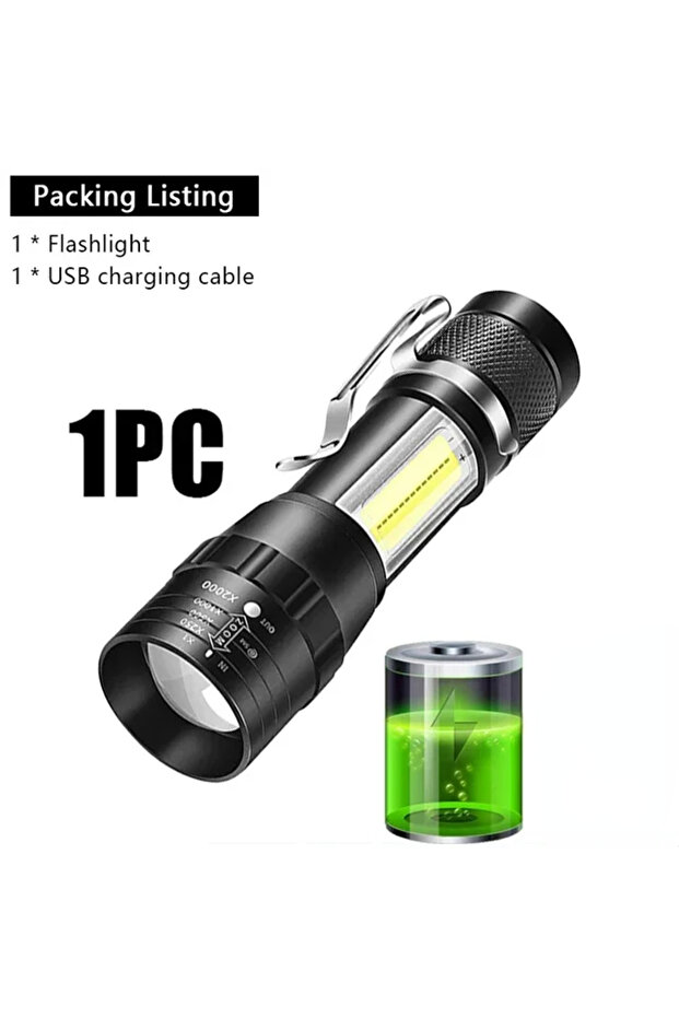 1pcs USB Rechargeable Mini Flashlight COB+XPE Portable Built-in Battery Zoomable Small Torch 3 Mode - 1