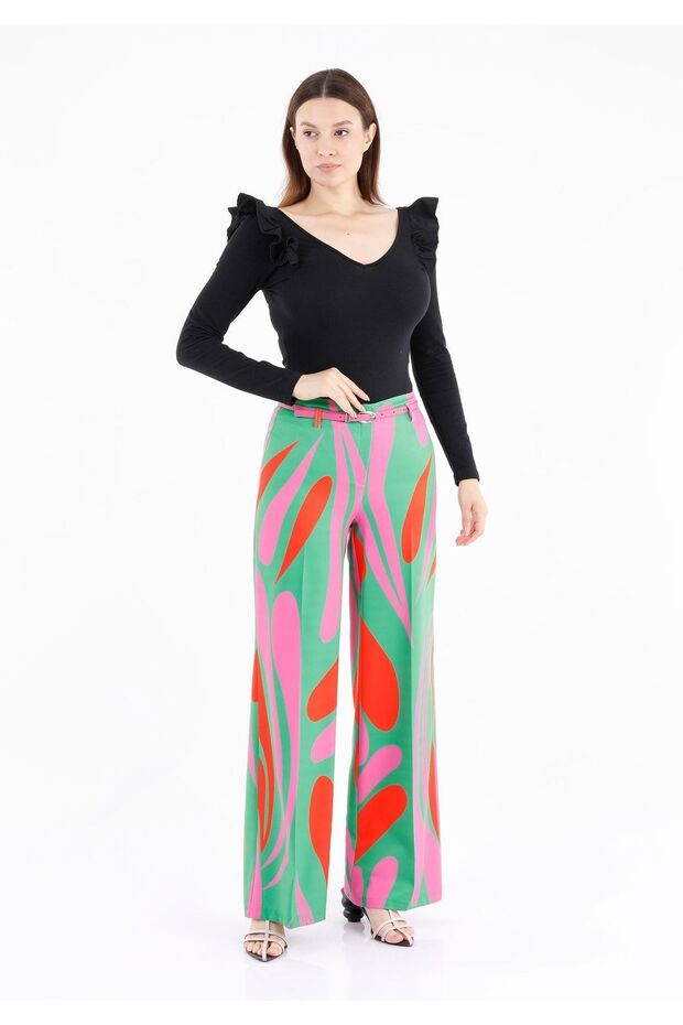 Maxi Length Waist Belted Digital Printed Fuchsia Wide Leg Trousers