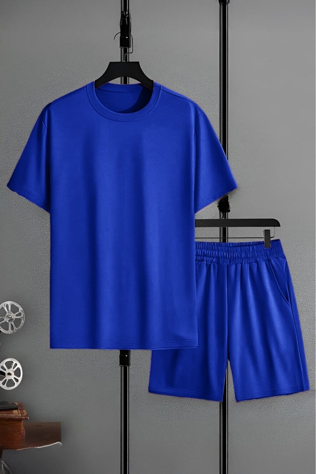 Sax Mavi Basic T-Shirt Şort - Alt Üst Takım Şort Tişört Kombin Bisiklet Yaka - 1