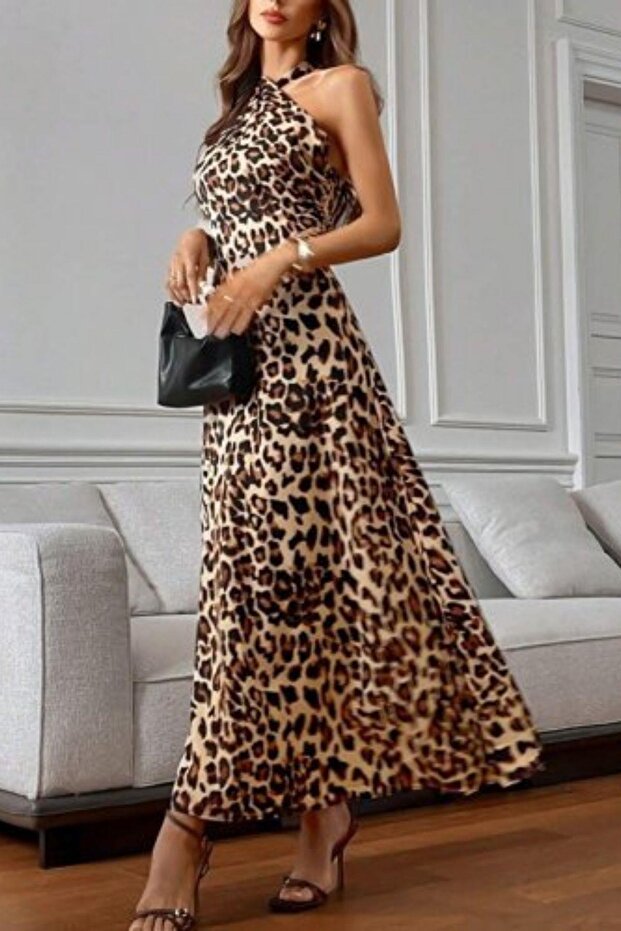 فستان جيرسيه بنقشة الفهد ومفصل - 2