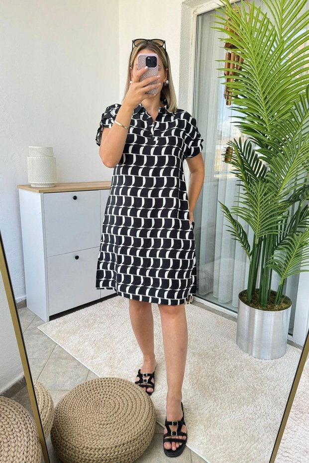 Shoulder Draped Polo Neck U Pattern Wavy Black Knee Length Dress