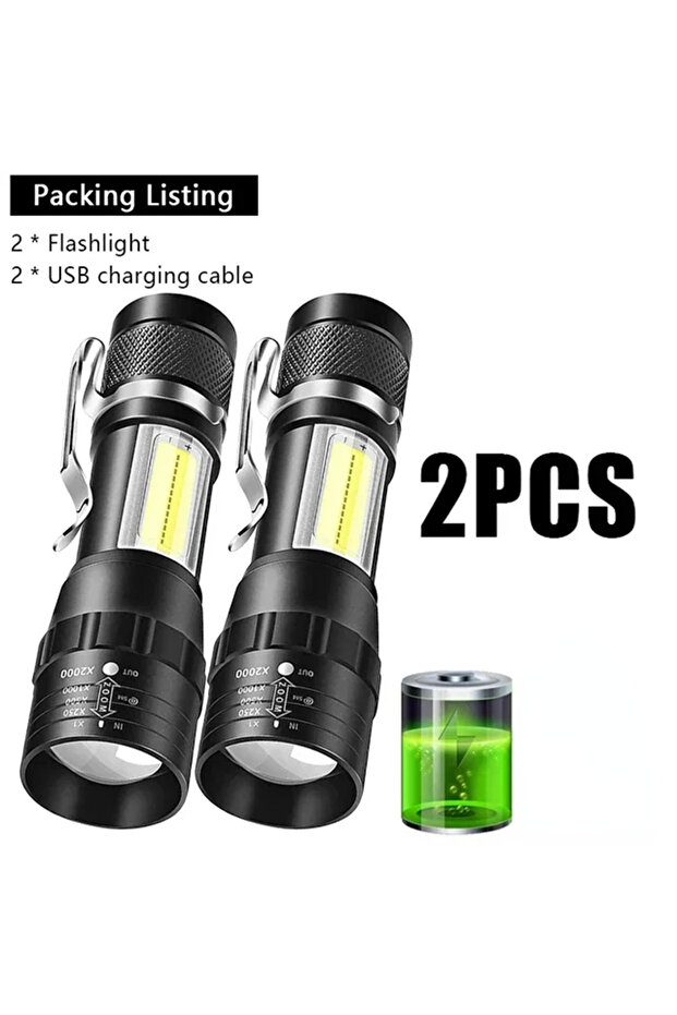 2pcs USB Rechargeable Mini Flashlight COB+XPE Portable Built-in Battery Zoomable Small Torch 3 Mode - 1