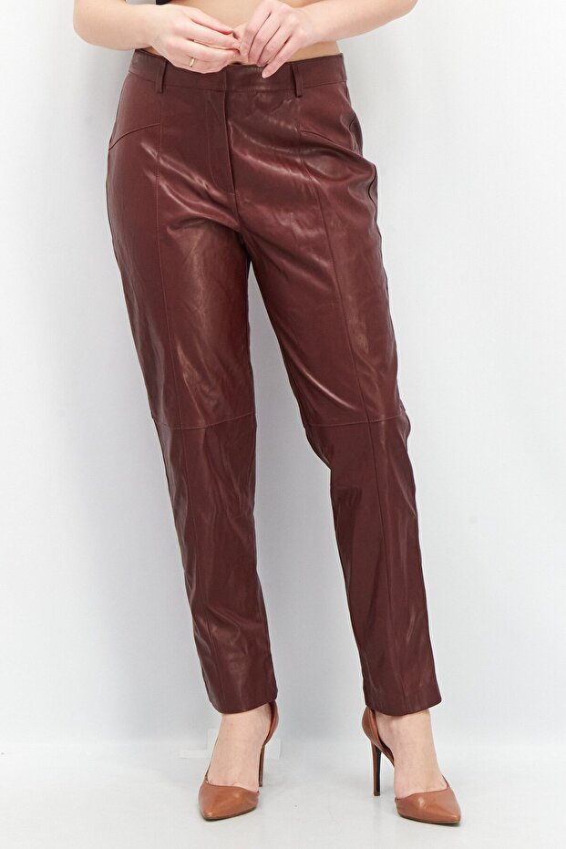Women Regular Fit Solid Faux Leather Pants, Maroon