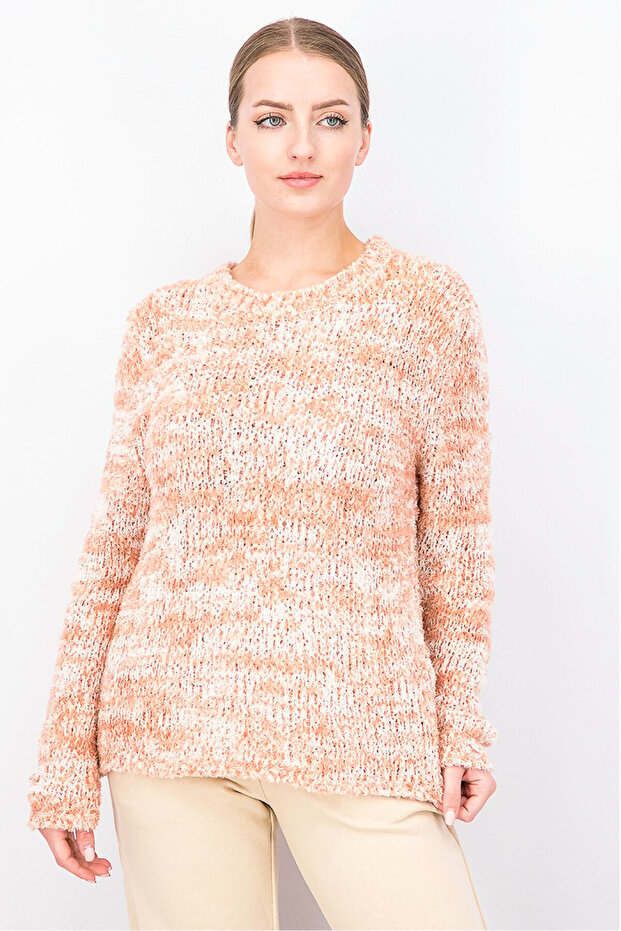 Women Crew Neck Textured Sweater, Coral and Off White
