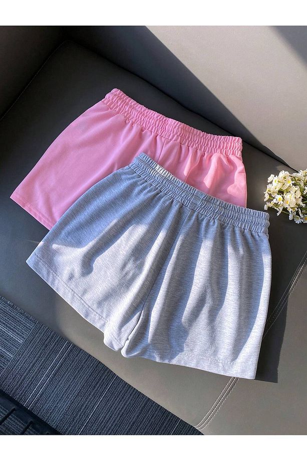 2'Li Pembe Gri Basic Penye Kısa Şort - Yüksek Bel Örme Cepli Kadın - 4