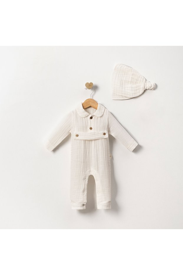 100% Organic Cotton Muslin Fabric Button Detailed Baby Boy Jumpsuit Set with Six Snaps Without Booties