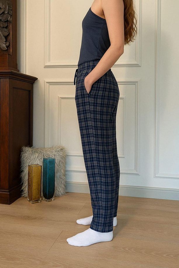 Tek Alt Ekose Desenli Unisex %100 Pamuk Pantolon Eşofman Altı - Bay Pijama Altı - 1