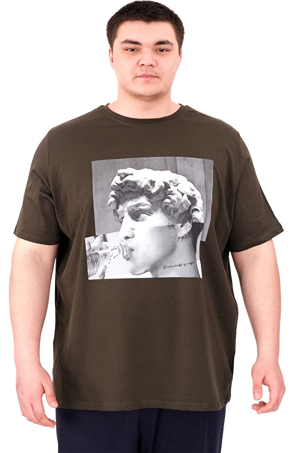 Mode XL Large Size Men's T-Shirt Crew Neck Statue U25027 Khaki