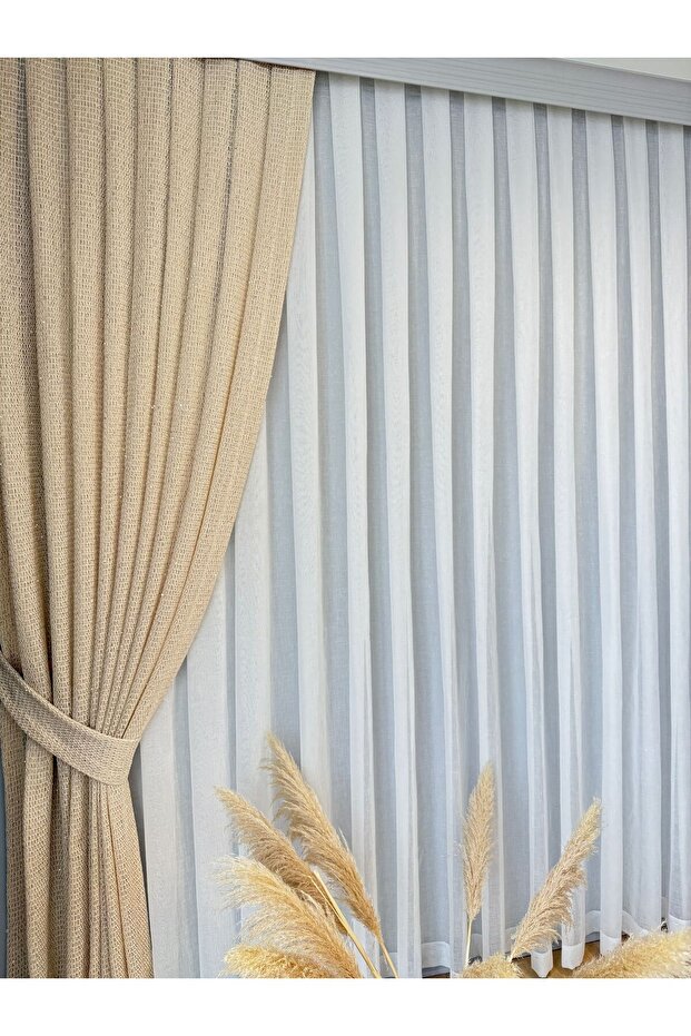 KREM PULLU ÖRME FİLE ŞEKLİNDE FON PERDE (1/3 SIK PİLE) - 3