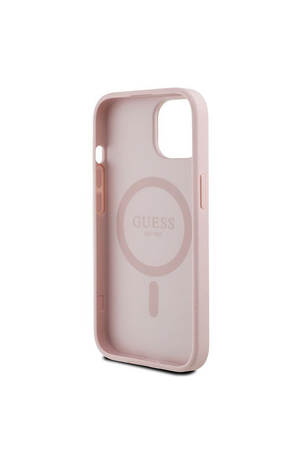 iPhone 15 uyumlu Kılıf Guess Lisanslı M-safe Şarj Özellikli Üçgen Logolu PU Deri Peony Kapak Pembe - 4