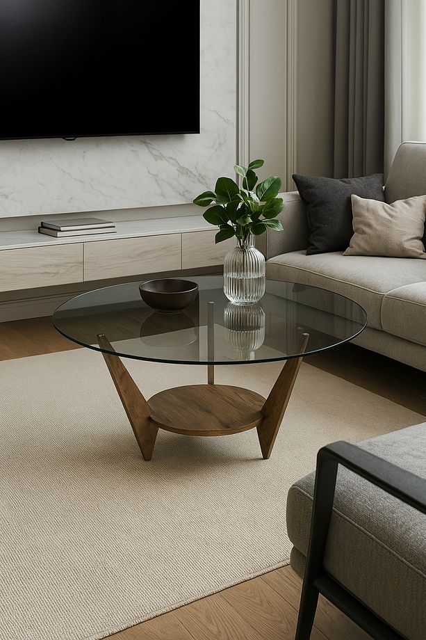 NEVA Cam Orta Sehpa / Ahşap Ayaklı Yuvarlak Sehpa / Salon ve Oturma Odası için Şık Sehpa Modeli - 3