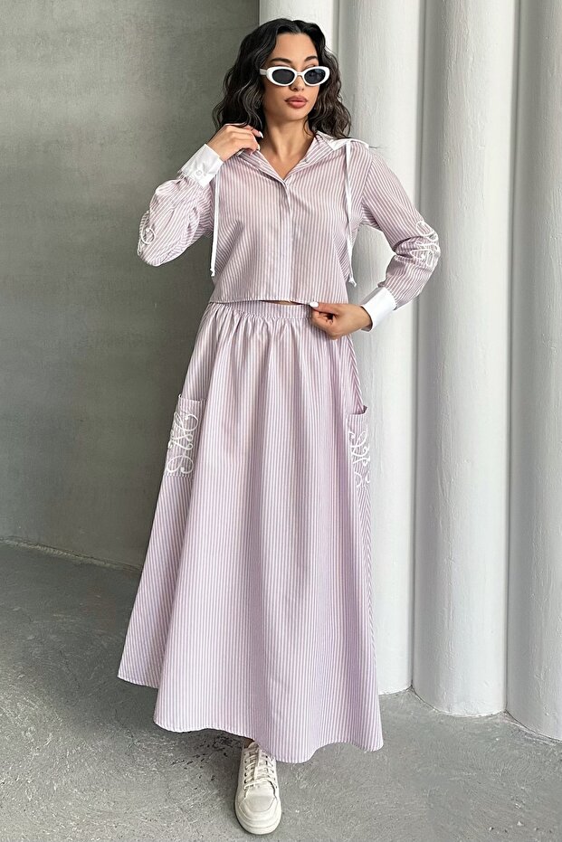 Women's Striped Hooded Shirt Skirt Two-Piece Set