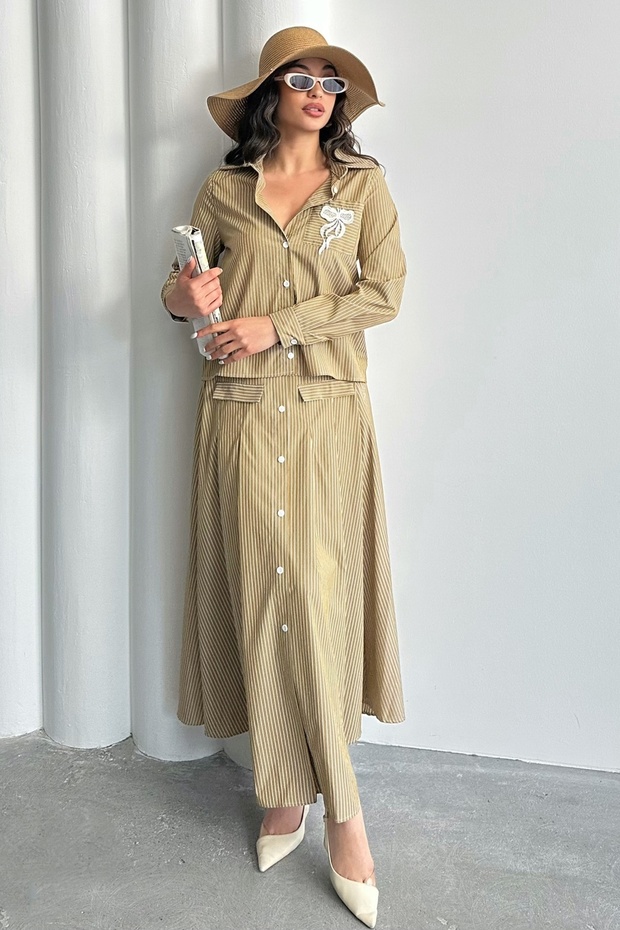 Women's Striped Pocket Detailed Buttoned Shirt-Skirt Two-Piece Set