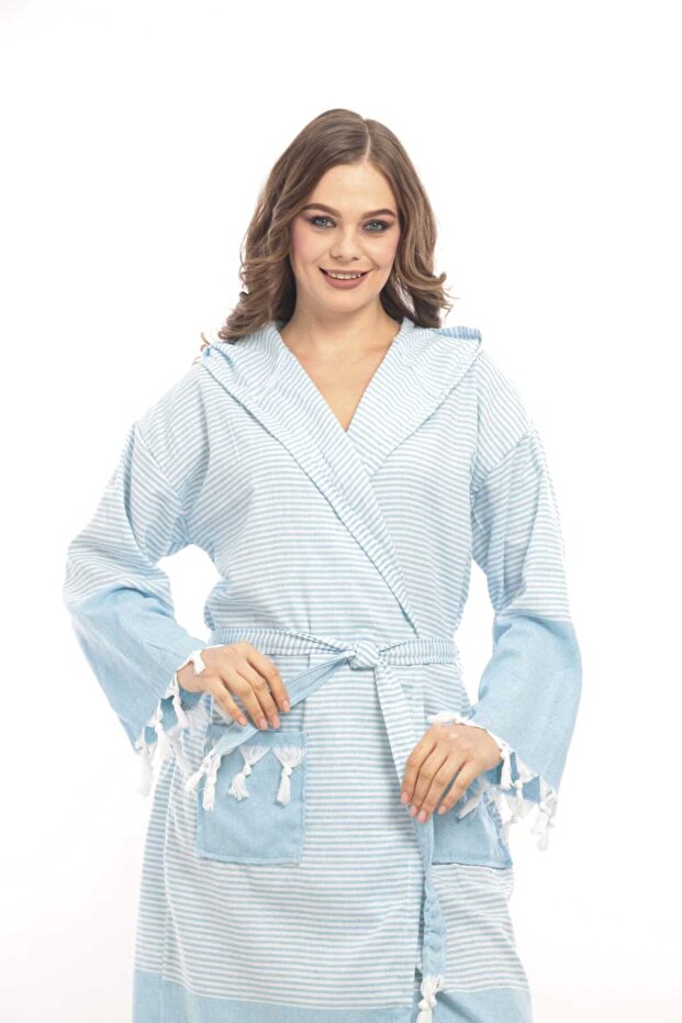 Cotton Turquoise Color Hooded Loincloth Bathrobe, Dressing Gown, Beach Dress